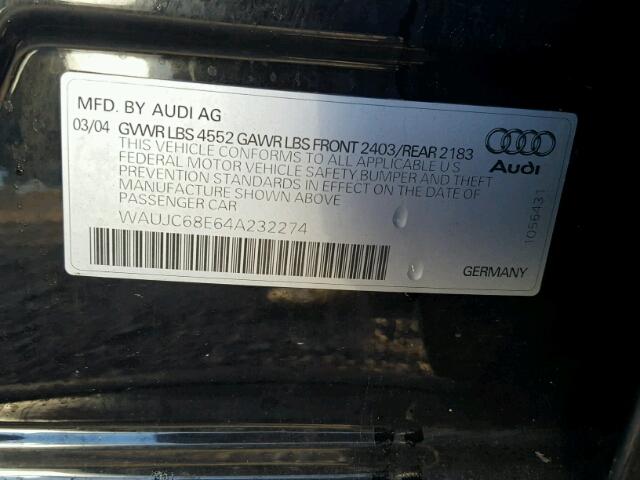 WAUJC68E64A232274 - 2004 AUDI A4 1.8T BLACK photo 10