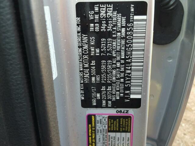 5XYZW4LA5HG500856 - 2017 HYUNDAI SANTA FE S 银色 照片 10