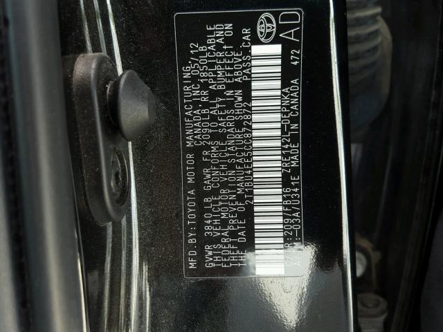 2T1BU4EE5CC872872 - 2012 TOYOTA COROLLA BA BLACK photo 10