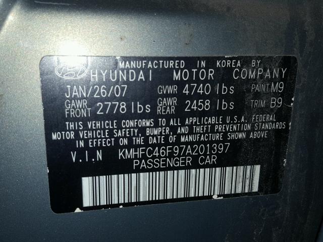 KMHFC46F97A201397 - 2007 HYUNDAI AZERA SE GRAY photo 10