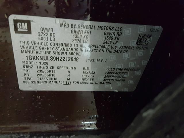 1GKKNULS9HZ212048 - 2017 GMC ACADIA SLT 勃艮第红 照片 10