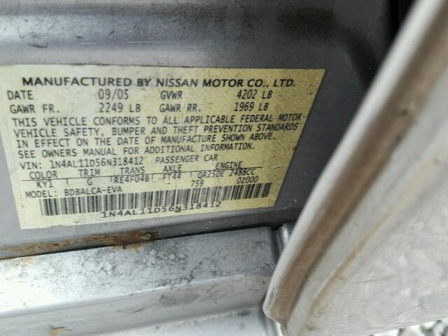 1N4AL11D56N318412 - 2006 NISSAN ALTIMA S SILVER photo 10