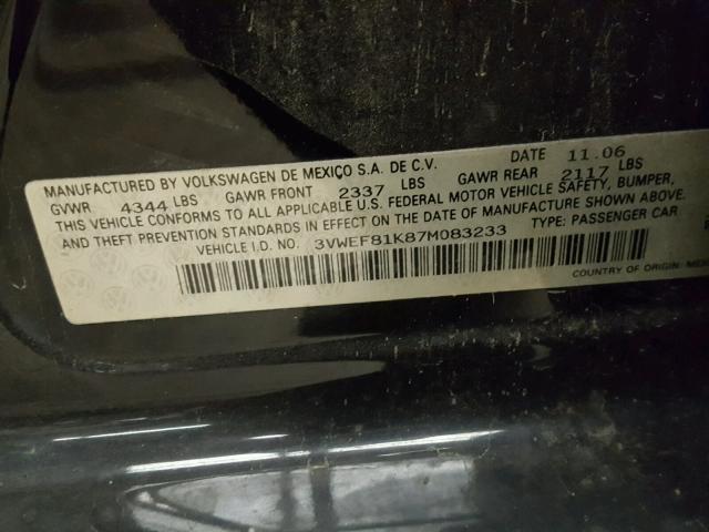 3VWEF81K87M083233 - 2007 VOLKSWAGEN JETTA WOLF BLACK photo 10