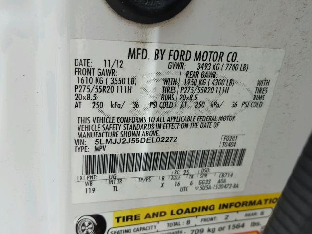 5LMJJ2J56DEL02272 - 2013 LINCOLN NAVIGATOR Weiß Foto 10