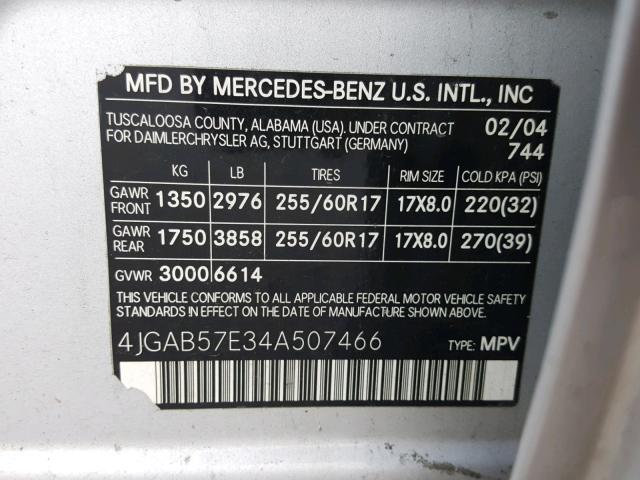 4JGAB57E34A507466 - 2004 MERCEDES-BENZ ML 350 SILVER photo 10