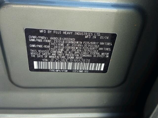 JF2SJADC7EH552878 - 2014 SUBARU FORESTER 2 GRAY photo 10