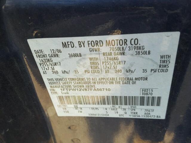 1FTPW12V87FA56710 - 2007 FORD F150 SUPER BLUE photo 10