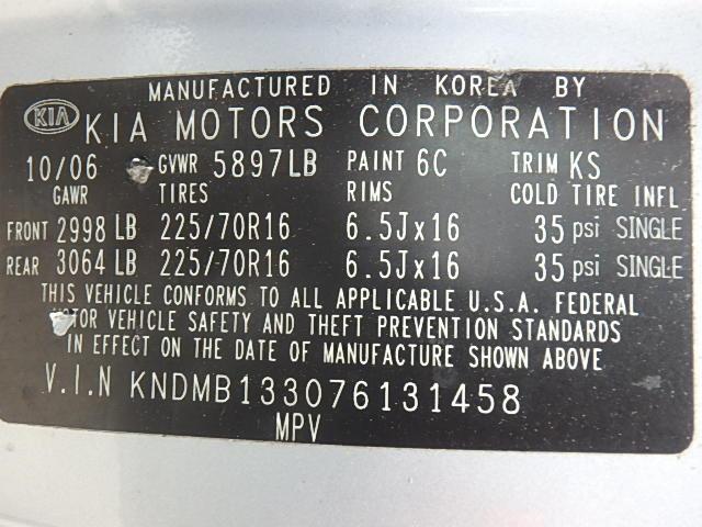 KNDMB133076131458 - 2007 KIA SEDONA EX SILVER photo 10