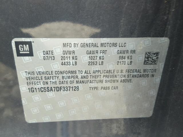 1G11C5SA7DF337128 - 2013 CHEVROLET MALIBU 1LT ნაცრისფერი ფოტო 10