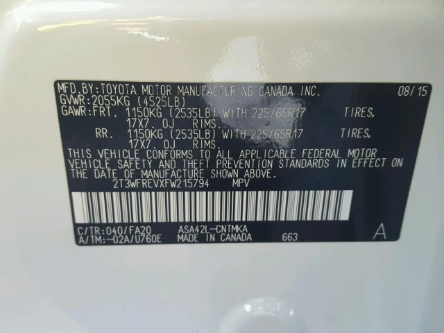 2T3WFREVXFW215794 - 2015 TOYOTA RAV4 XLE WHITE photo 10