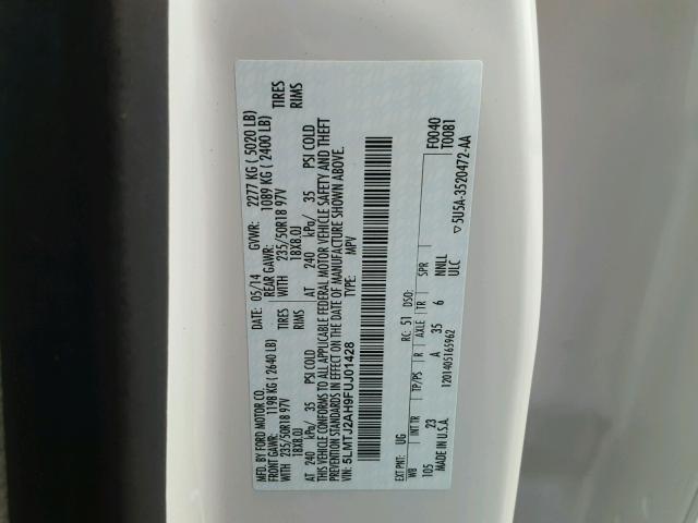 5LMTJ2AH9FUJ01428 - 2015 LINCOLN MKC 白色 照片 10