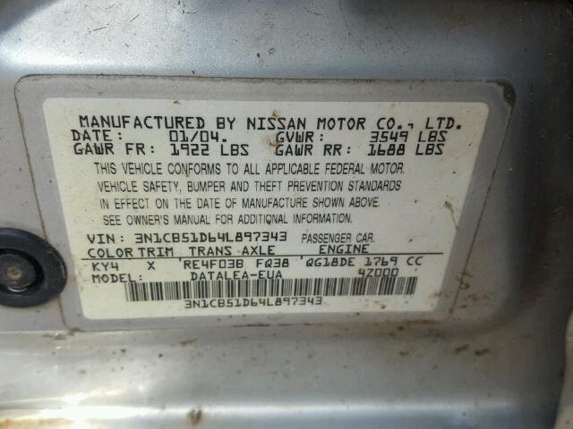 3N1CB51D64L897343 - 2004 NISSAN SENTRA SILVER photo 10