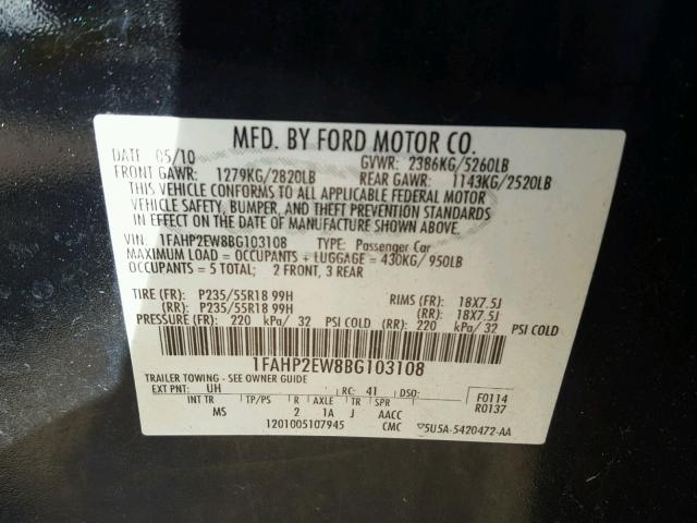 1FAHP2EW8BG103108 - 2011 FORD TAURUS BLACK photo 10