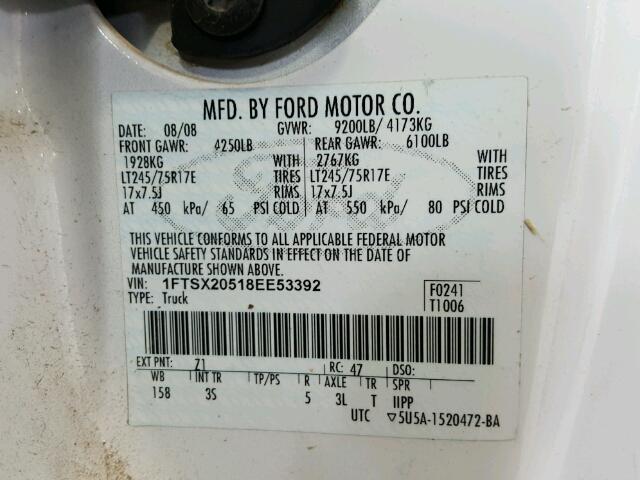 1FTSX20518EE53392 - 2008 FORD F250 SUPER WHITE photo 10