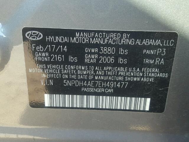 5NPDH4AE7EH491477 - 2014 HYUNDAI ELANTRA GRAY photo 10