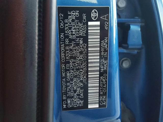 JTDKDTB33C1015242 - 2012 TOYOTA PRIUS C BLUE photo 10