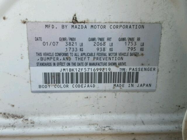 JM1BK12F571699219 - 2007 MAZDA 3 I WHITE photo 10