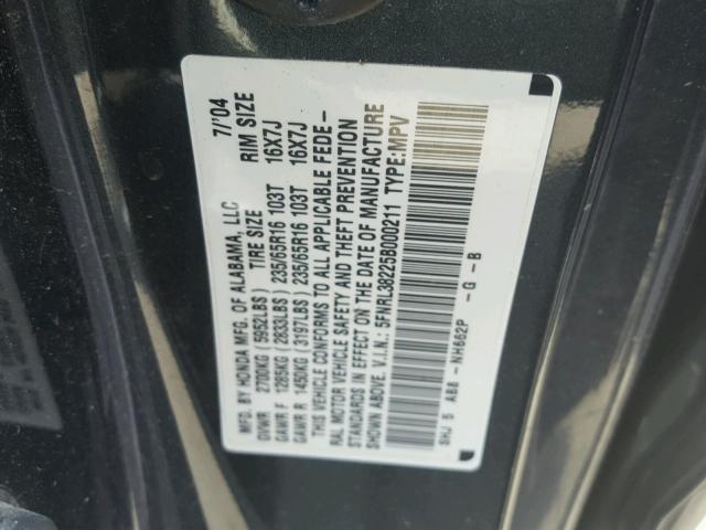 5FNRL38225B000211 - 2005 HONDA ODYSSEY LX GRAY photo 10