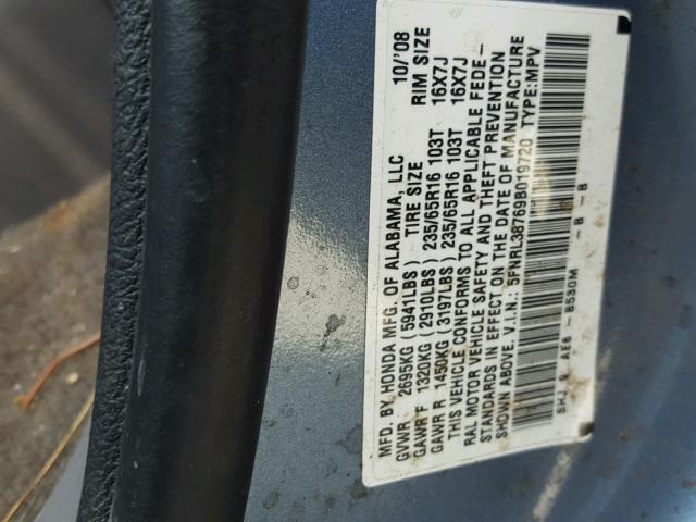 5FNRL38769B019720 - 2009 HONDA ODYSSEY EX BLUE photo 10