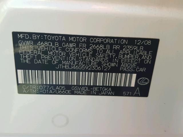 JTHBJ46G592306127 - 2009 LEXUS ES WHITE photo 10