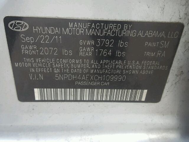 5NPDH4AEXCH109990 - 2012 HYUNDAI ELANTRA GL SILVER photo 10