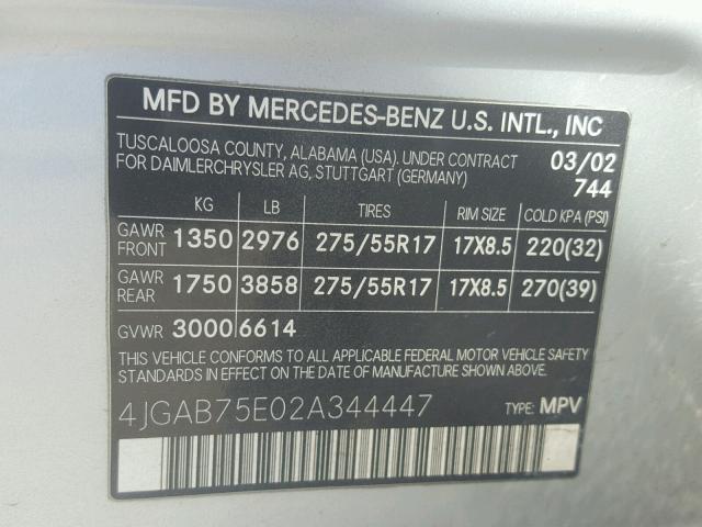 4JGAB75E02A344447 - 2002 MERCEDES-BENZ ML 500 SILVER photo 10