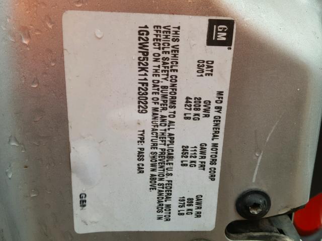 1G2WP52K11F230229 - 2001 PONTIAC GRAND PRIX ვერცხლისფერი ფოტო 10