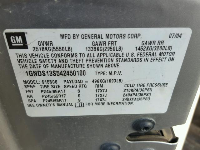 1GNDS13S542450100 - 2004 CHEVROLET TRAILBLAZE SILVER photo 10