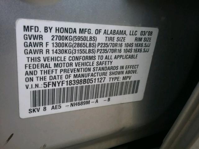 5FNYF18398B051127 - 2008 HONDA PILOT SE SILVER photo 10