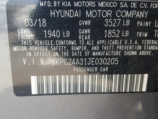 3KPC24A31JE030205 - 2018 HYUNDAI ACCENT SEL GRAY photo 10