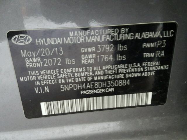 5NPDH4AE8DH350884 - 2013 HYUNDAI ELANTRA GL GRAY photo 10