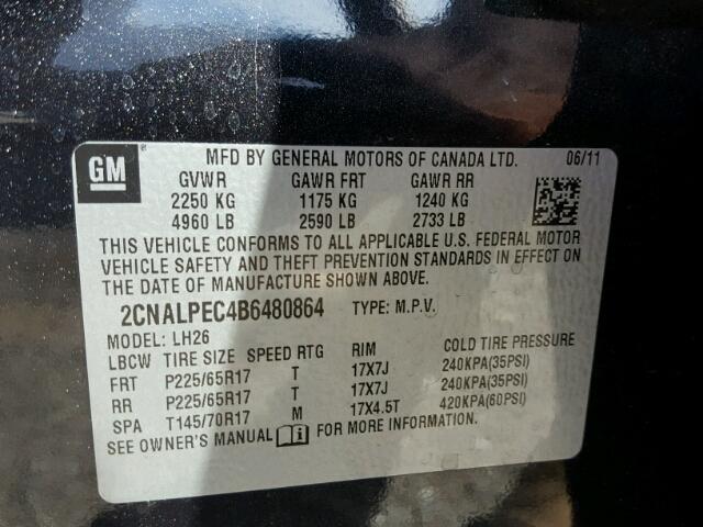 2CNALPEC4B6480864 - 2011 CHEVROLET EQUINOX CHARCOAL photo 10