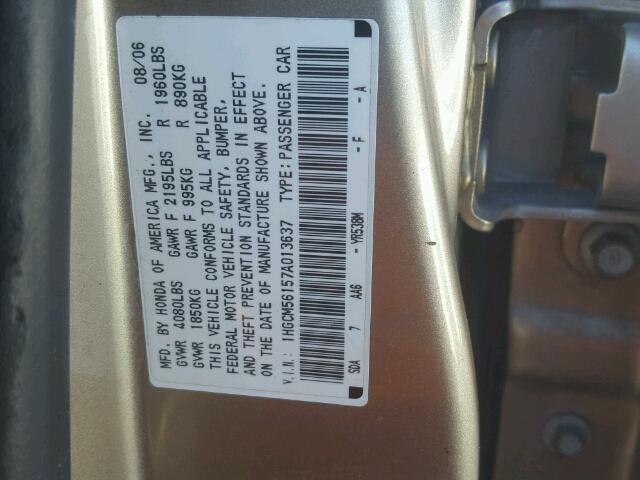 1HGCM56157A013637 - 2007 HONDA ACCORD GOLD photo 10