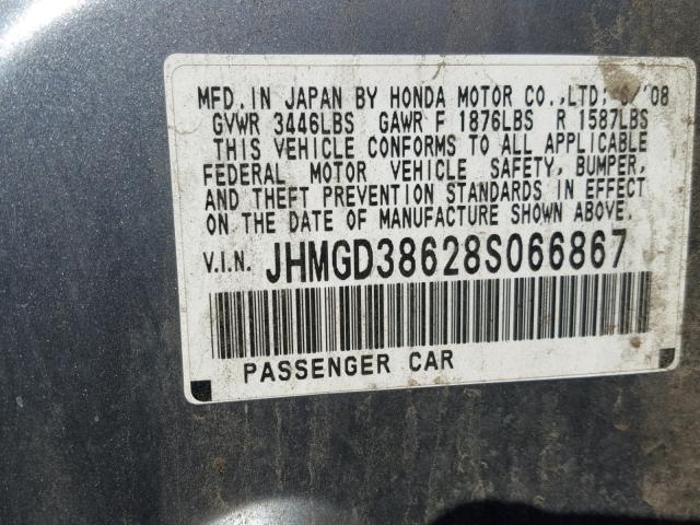 JHMGD38628S066867 - 2008 HONDA FIT SPORT GRAY photo 10