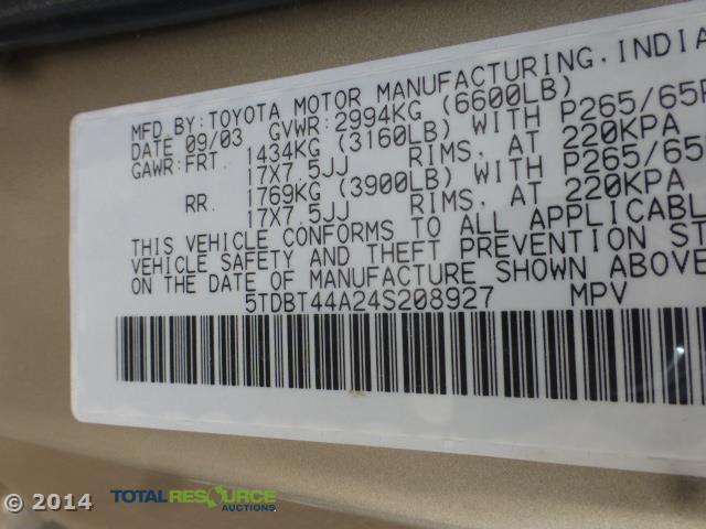 5TDBT44A24S208927 - 2004 TOYOTA SEQUOIA SR GOLD photo 12