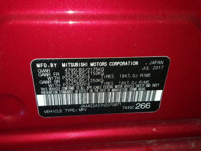 JA4AZ2A37HZ070871 - 2017 MITSUBISHI OUTLANDER RED photo 10