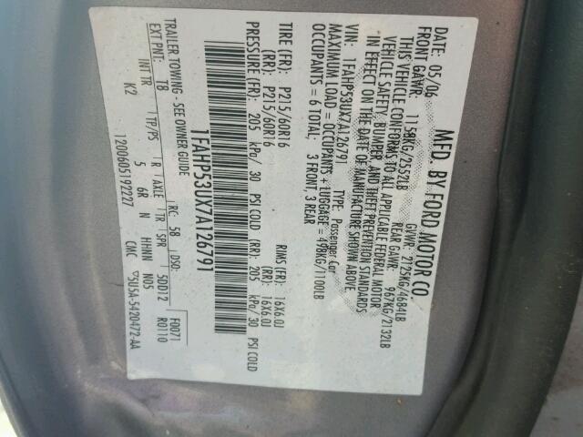 1FAHP53UX7A126791 - 2007 FORD TAURUS GRAY photo 10