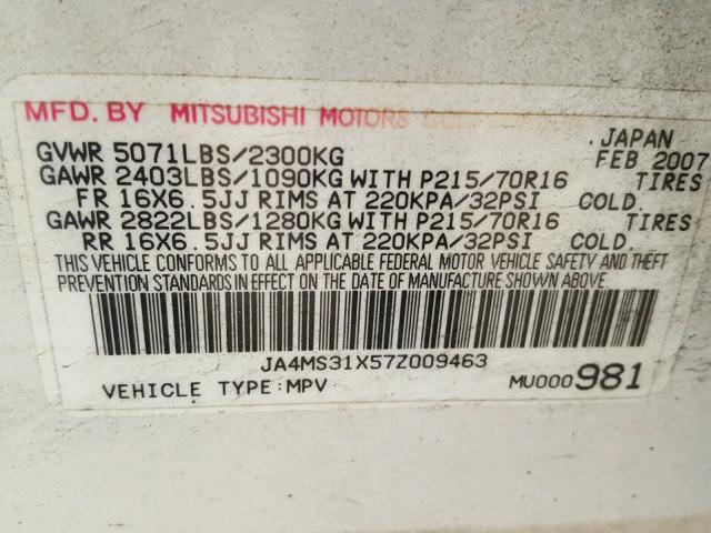 JA4MS31X57Z009463 - 2007 MITSUBISHI OUTLANDER WHITE photo 10