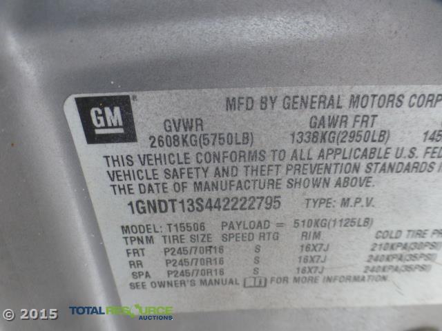 1GNDT13S442222795 - 2004 CHEVROLET TRAILBLAZE SILVER photo 12