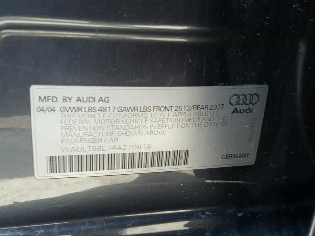 WAULT68E74A270816 - 2004 AUDI A4 3.0 QUA BLUE photo 10