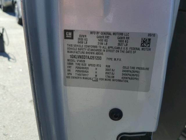 1GKLVNED7AJ261293 - 2010 GMC ACADIA SLT ვერცხლისფერი ფოტო 10