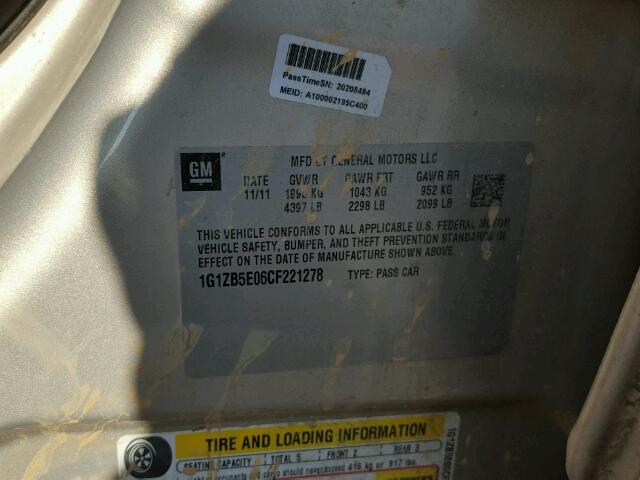 1G1ZB5E06CF221278 - 2012 CHEVROLET MALIBU LS ოქროსფერი ფოტო 10