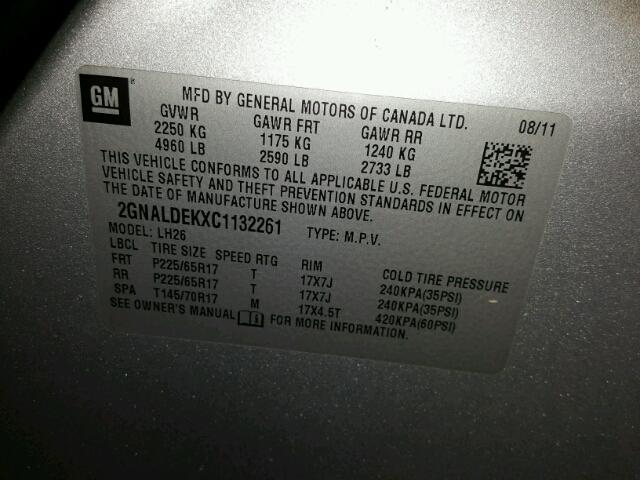 2GNALDEKXC1132261 - 2012 CHEVROLET EQUINOX SILVER photo 10