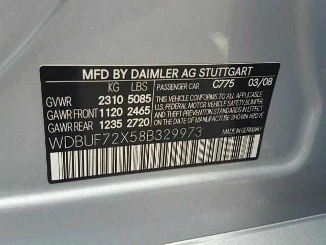 WDBUF72X58B329973 - 2008 MERCEDES-BENZ E SILVER photo 10