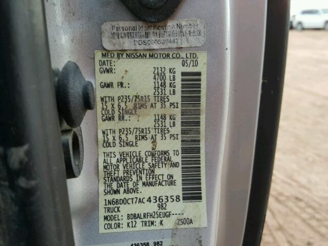 1N6BD0CT7AC436358 - 2010 NISSAN FRONTIER K GRAY photo 10