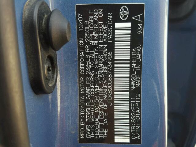 JTDKB20U687734906 - 2008 TOYOTA PRIUS BLUE photo 10