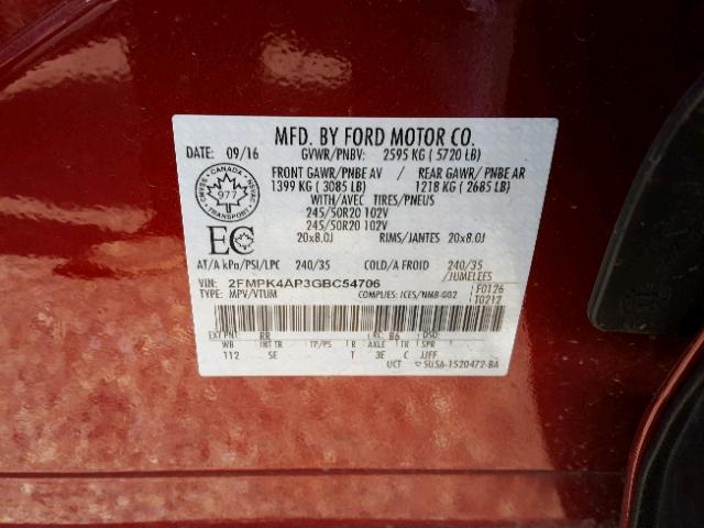 2FMPK4AP3GBC54706 - 2016 FORD EDGE SPORT RED photo 10