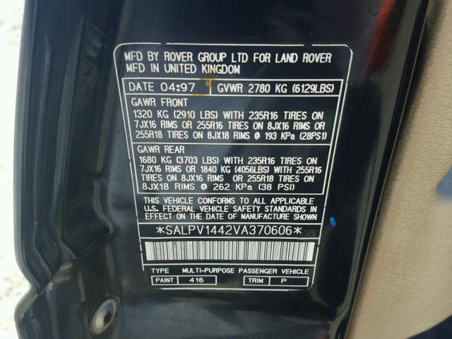 SALPV1442VA370606 - 1997 LAND ROVER RANGE ROVE BLACK photo 10