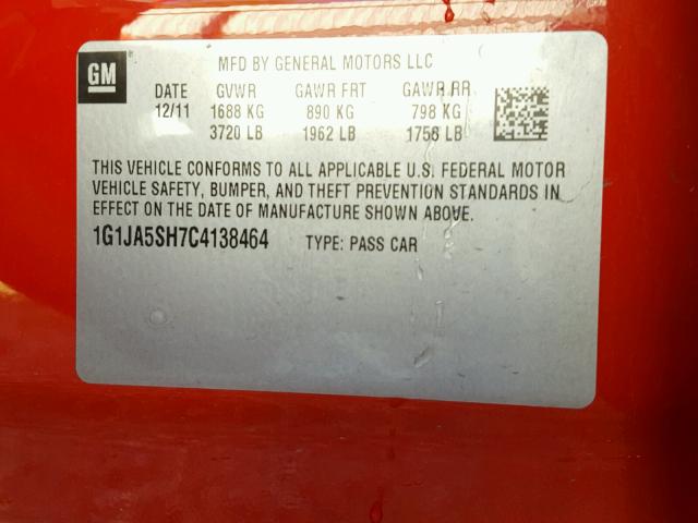 1G1JA5SH7C4138464 - 2012 CHEVROLET SONIC RED photo 10