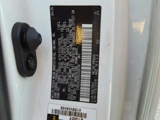 5TDZA23C65S320756 - 2005 TOYOTA SIENNA WHITE photo 10